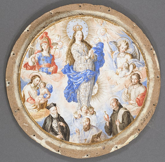 Juan Rodríguez Juárez. Virgin of the Immaculate Conception with Saints (Escudo de Monja). Watercolor and mixed media on parchment, mounted on cardboard