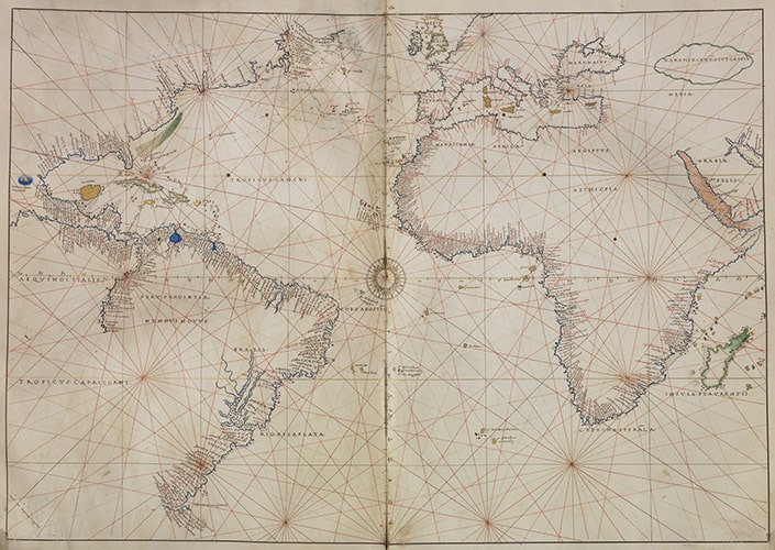 Battista Agnese, World Atlas, ca. 1550. Illuminated manuscript charts on parchment